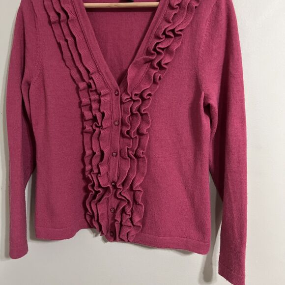 Carole Little 100% Italian merino wool ruffle Front cardigan Size Small - Picture 2 of 7
